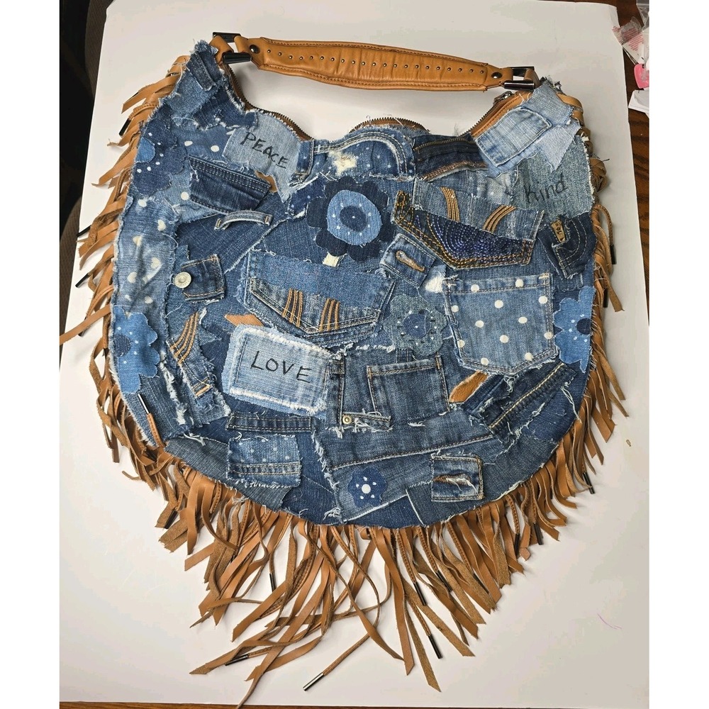 Kennith Cole Upcycled Denim Patchwork Shoulder Bag Fringe Y2K Hippie Boho CUSTOM